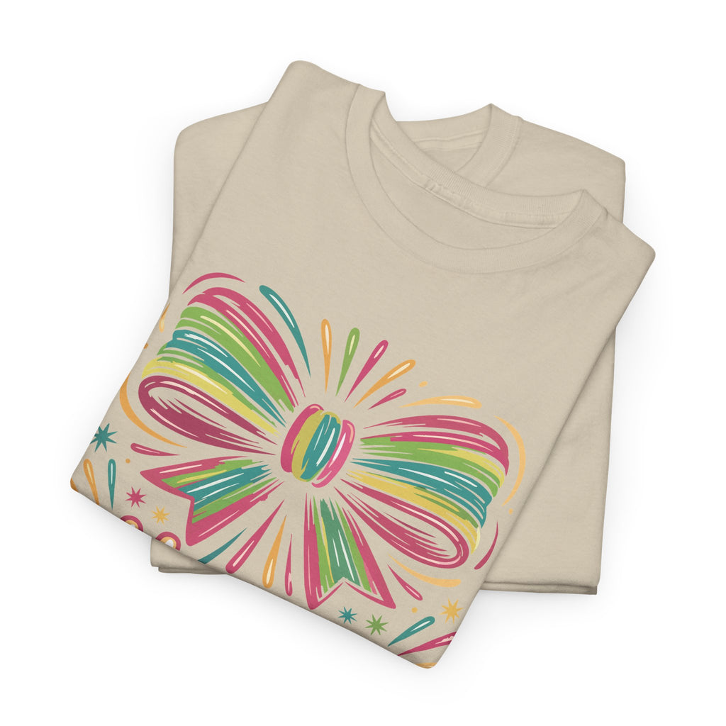 Happy New Year Pastel Tee — Rainbow Bow & Fireworks Celebration Unisex Cotton Tshirt