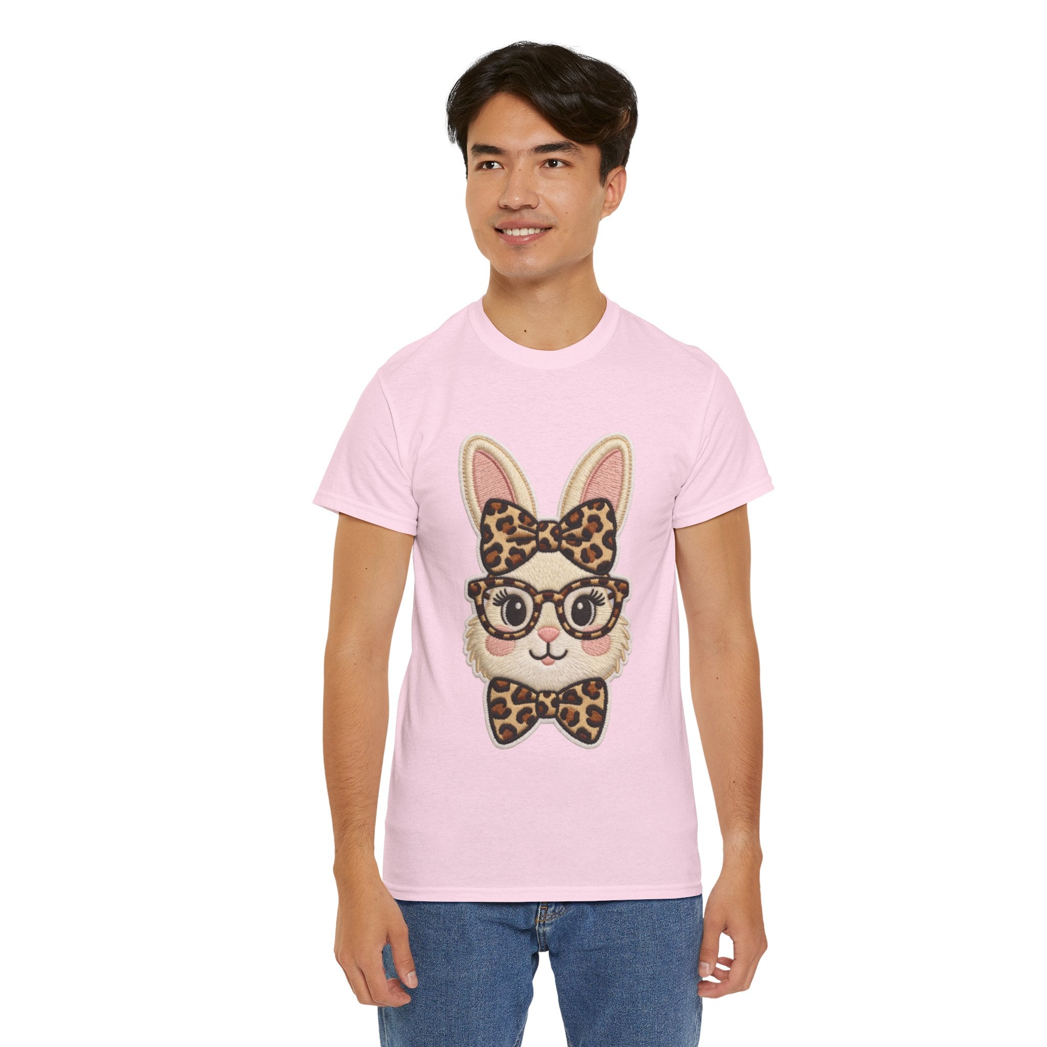 Leopard Bow Bunny Embroidered Tee — Cute Bunny Face with Glasses Patch Unisex Cotton Tee