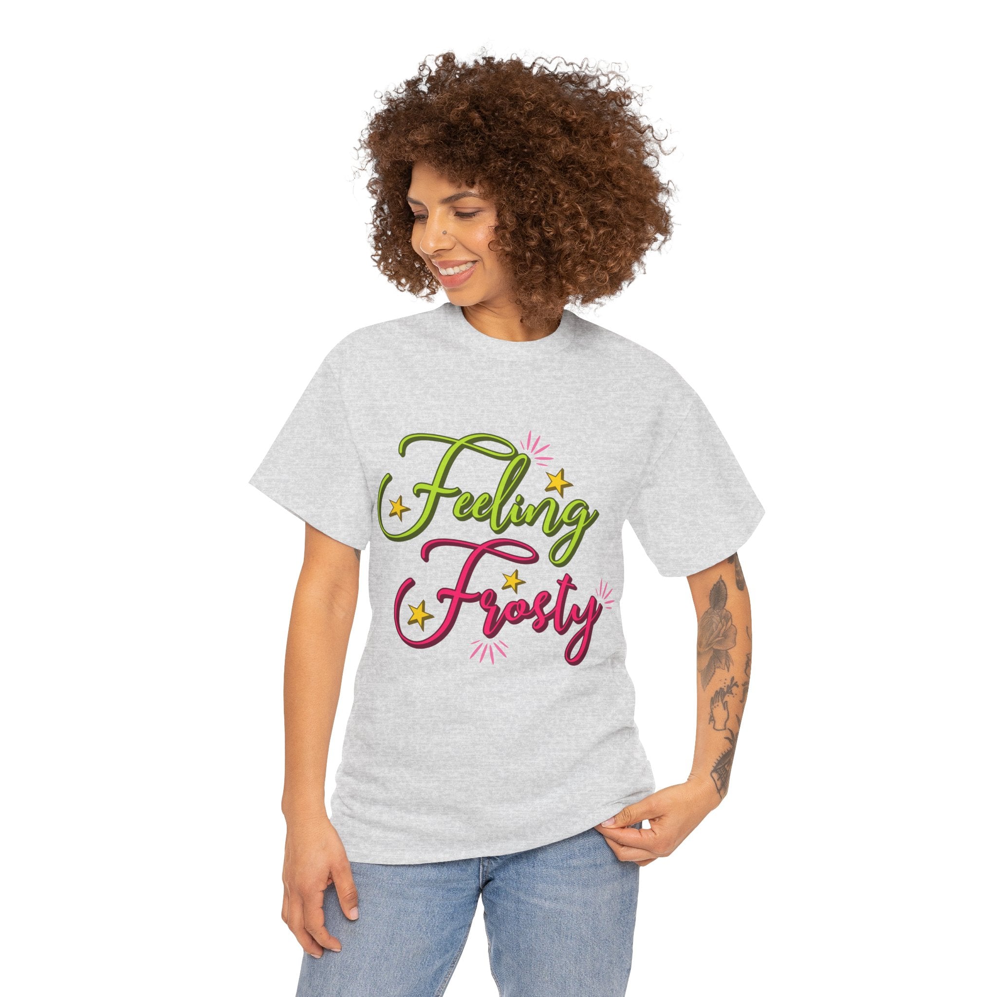 Feeling Frosty Holiday T-Shirt — Green & Pink Script Stars.Unisex Cotton Tee