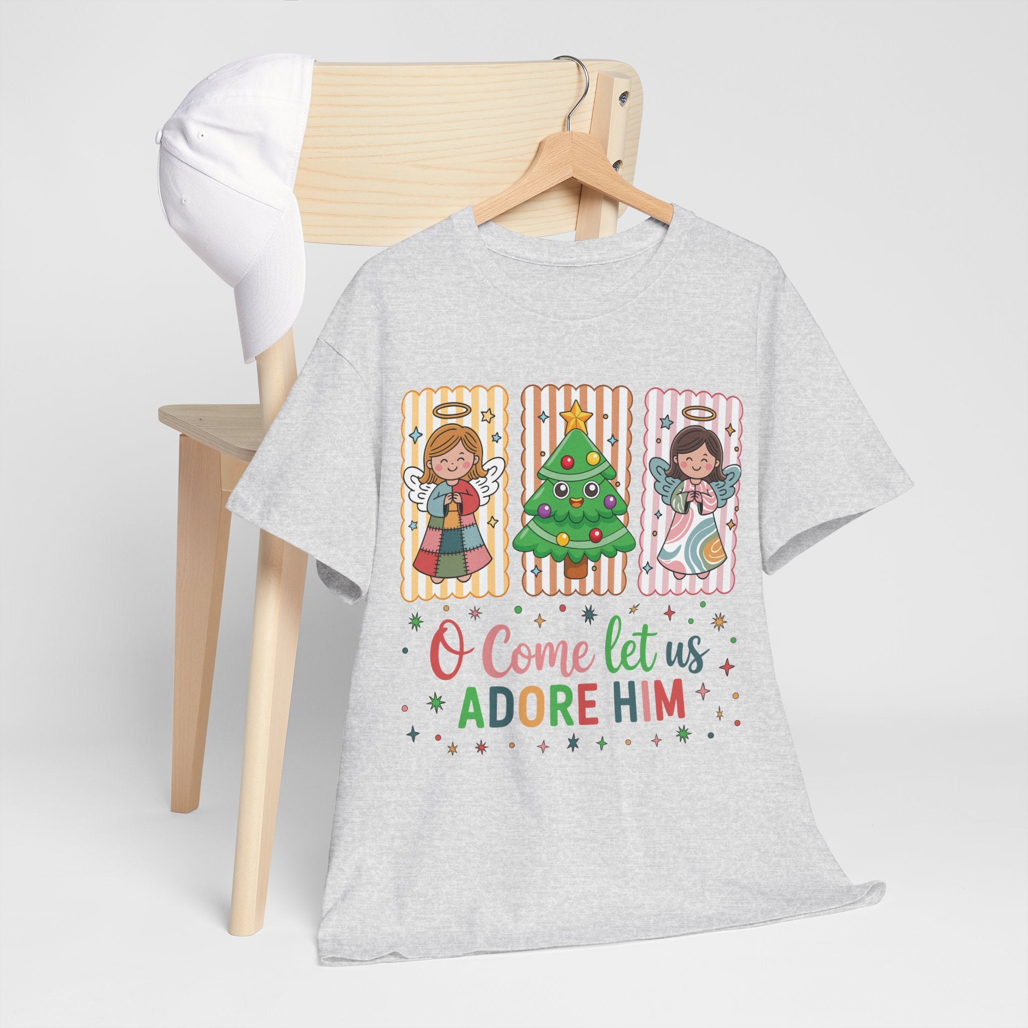 O Come Let Us Adore Him Christmas Tee — Smiling Angels & Happy Tree..Unisex Cotton Tee