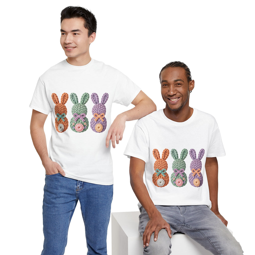 Pastel Crochet Bunny Tee — Trio of Faux Knit Bunnies with Bows & Flowers Unisex Cotton Tee