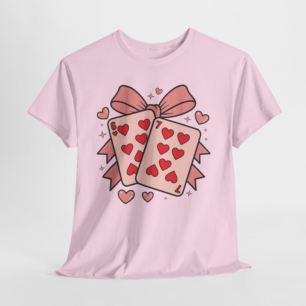 6 & 7 of Hearts T-Shirt — Paired Playing Cards with Pink Bow Unisex Cotton Tee