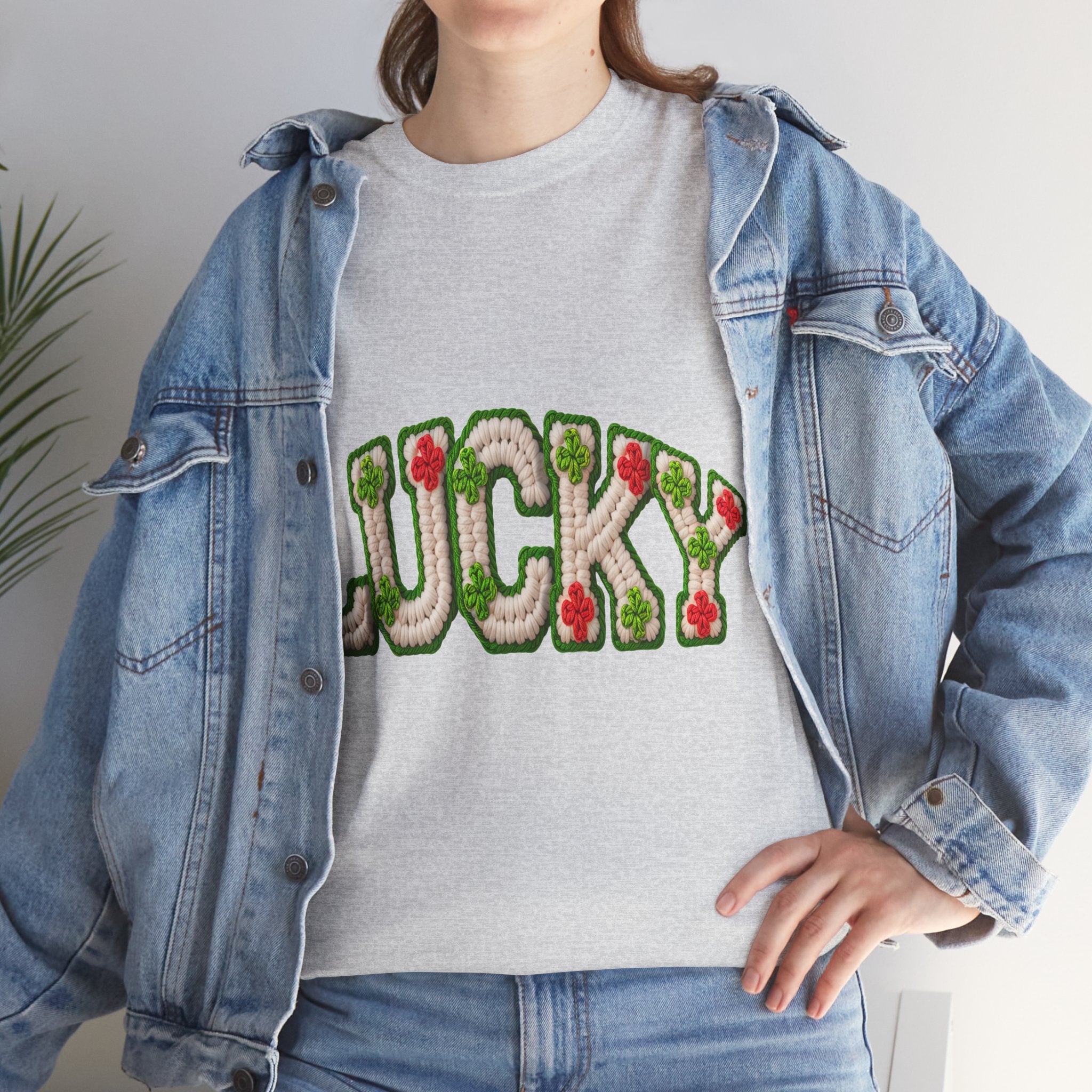 Lucky Crochet Clover T-Shirt — Faux-Yarn Embroidered St. Patrick’s Unisex Cotton Tee