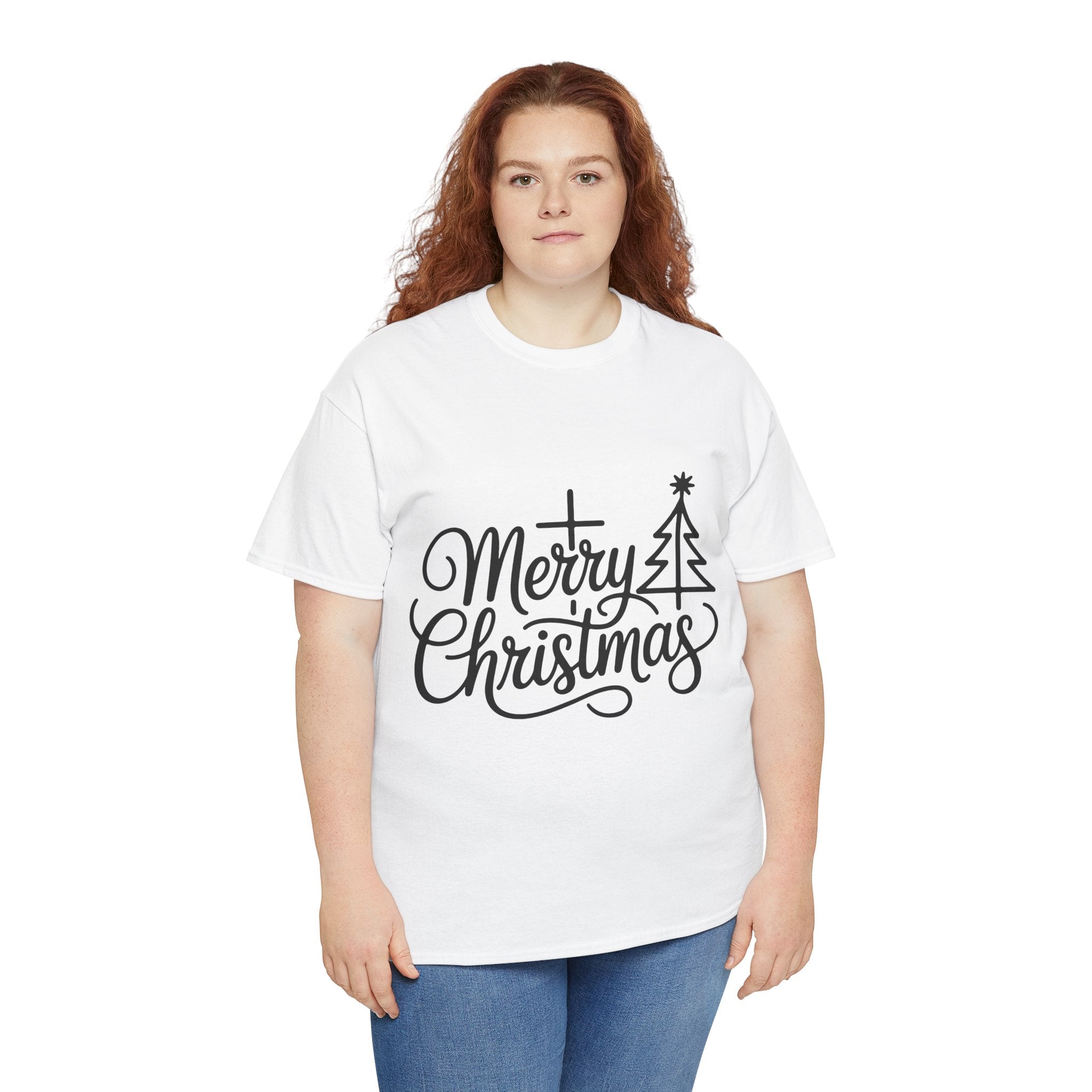 Merry Christmas Script T-Shirt with Cross & Tree(Unisex Cotton Tee)