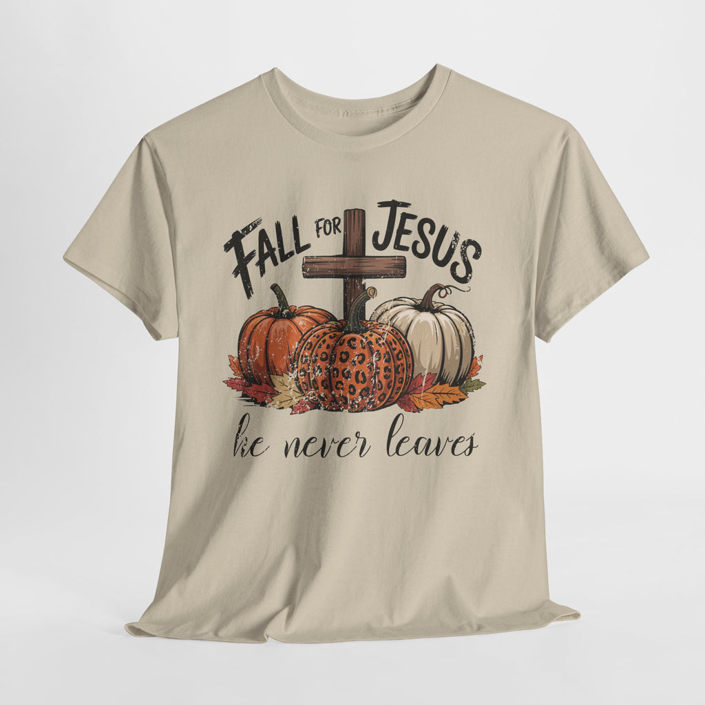 Fall for Jesus Pumpkin Cross Tee — "He Never Leaves" Autumn Christian Unisex Cotton T-Shirt