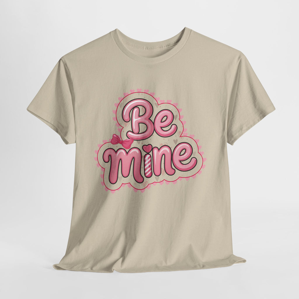 Be Mine Valentine T-Shirt — Pink Bubble Letters with Hearts & Bow..Unisex Cotton Tee