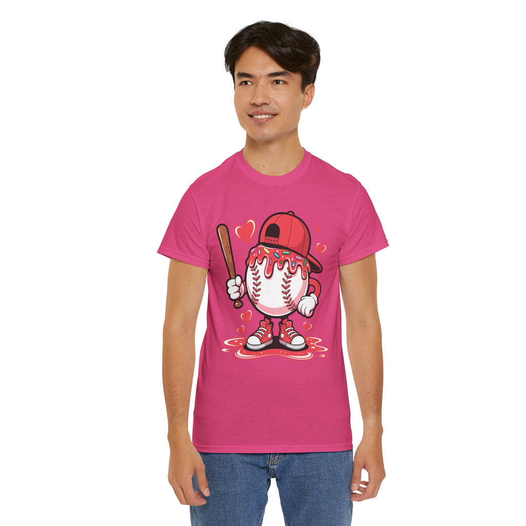 Cute Baseball Character T-Shirt — Red Cap & Icing Top Graphic with Hearts Unisex Cotton Tee