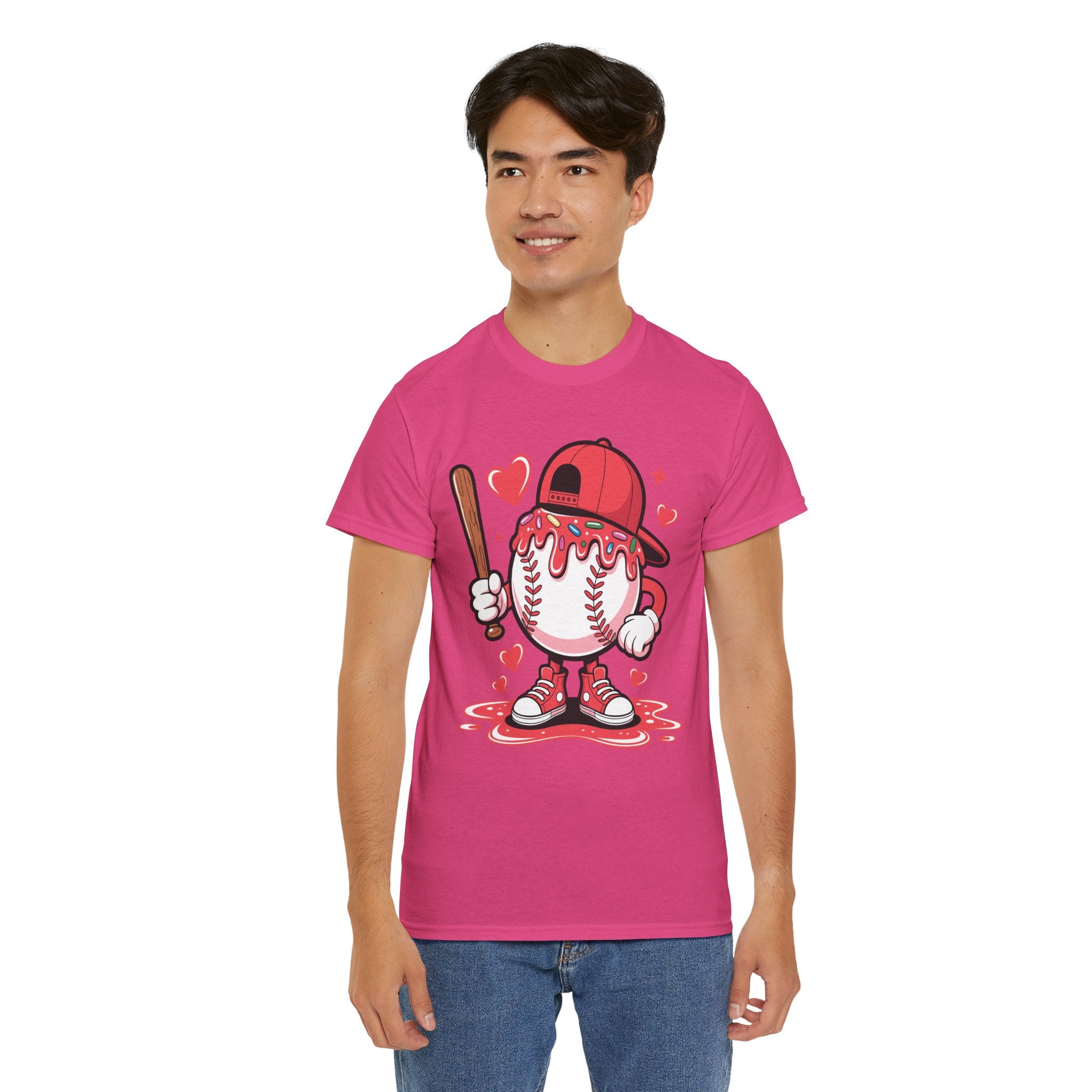 Cute Baseball Character T-Shirt — Red Cap & Icing Top Graphic with Hearts Unisex Cotton Tee