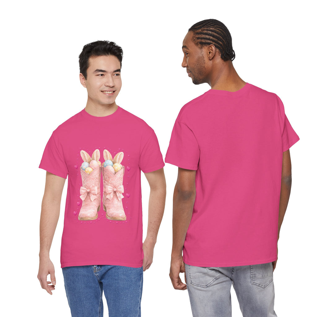 Easter Pink Western Boots Tee — Pastel Bunny Eggs & Bows Unisex Cotton Tee