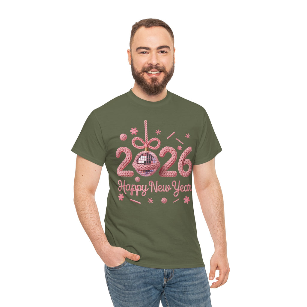 2026 Happy New Year Pink Knitted Disco Ball Unisex Cotton Tee