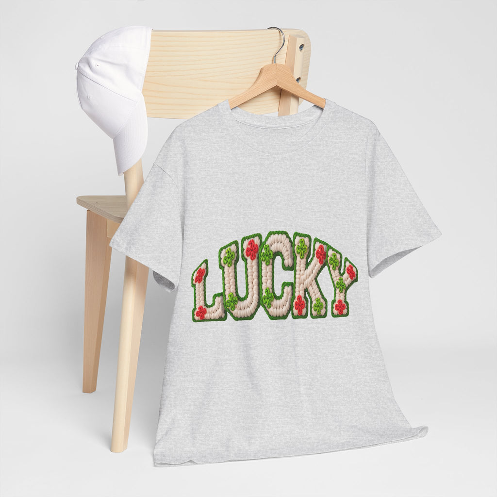 Lucky Crochet Clover T-Shirt — Faux-Yarn Embroidered St. Patrick’s Unisex Cotton Tee