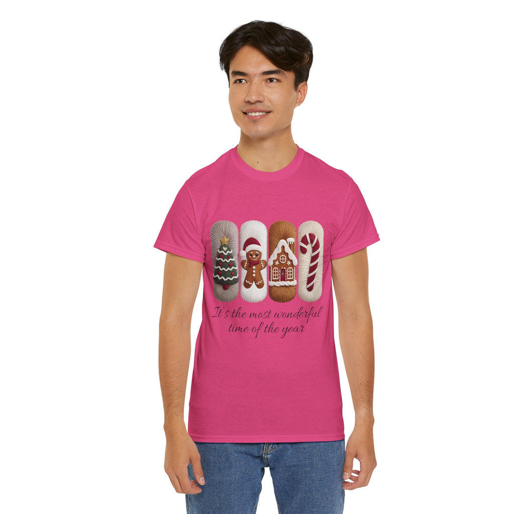 Christmas Faux-Yarn Tree Tee — Gingerbread House & Candy Cane Holiday Unisex Cotton T-Shirt
