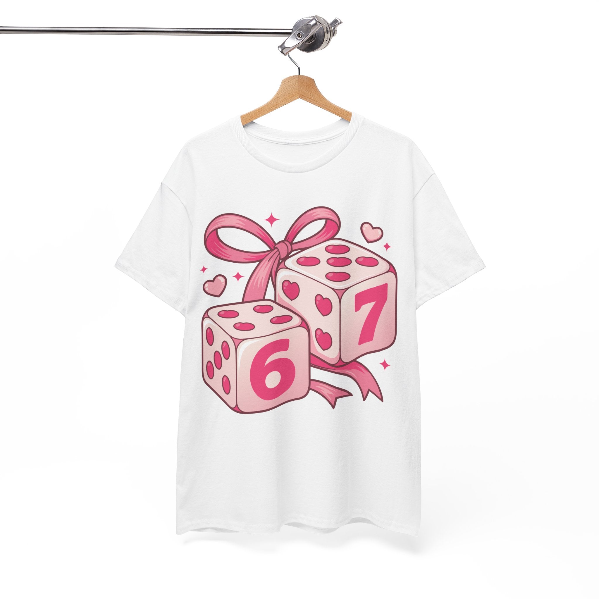 Lucky Love Dice T-Shirt — Pink Heart Dice with Bow..Unisex Cotton Tee