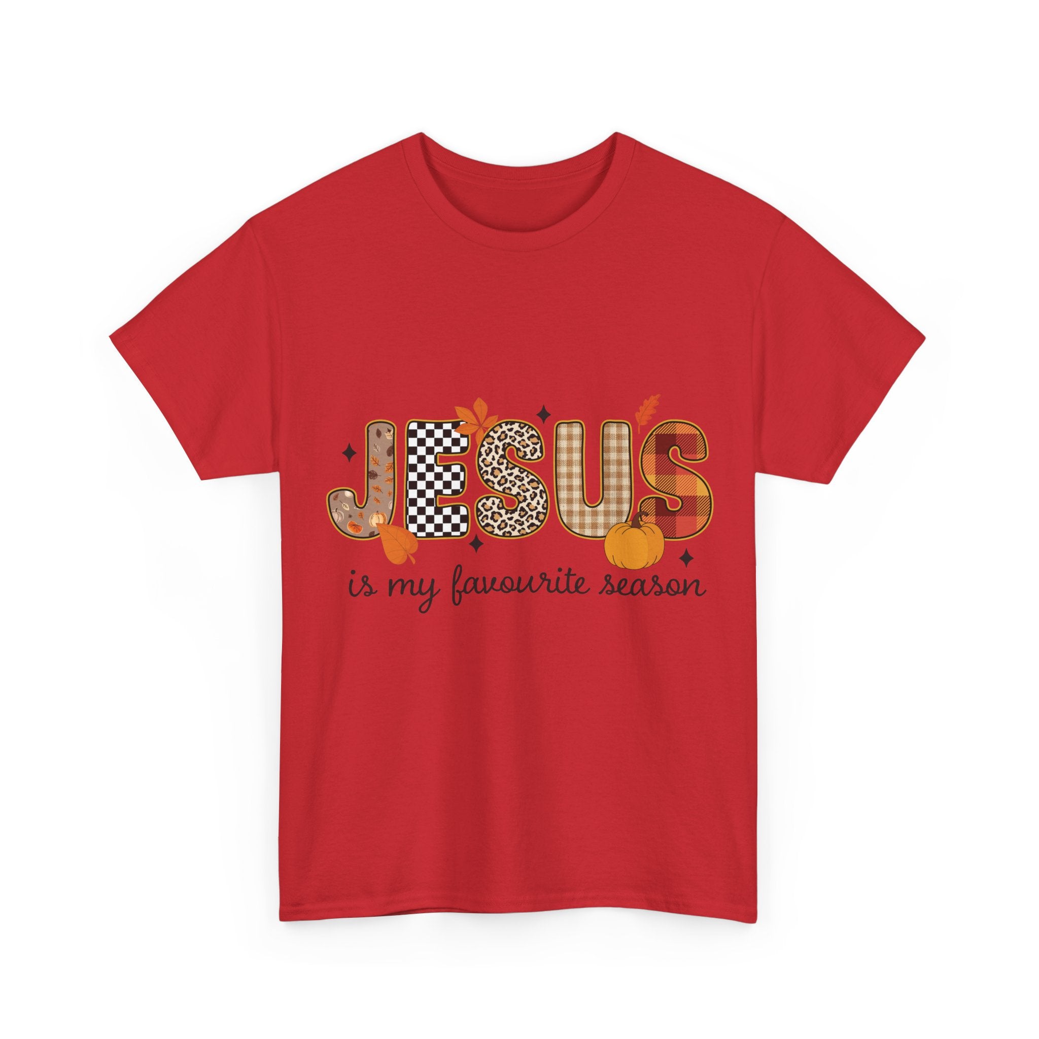 Jesus Is My Favorite Season Tee — Autumn Plaid & Leopard Lettering Unisex Cotton Tee