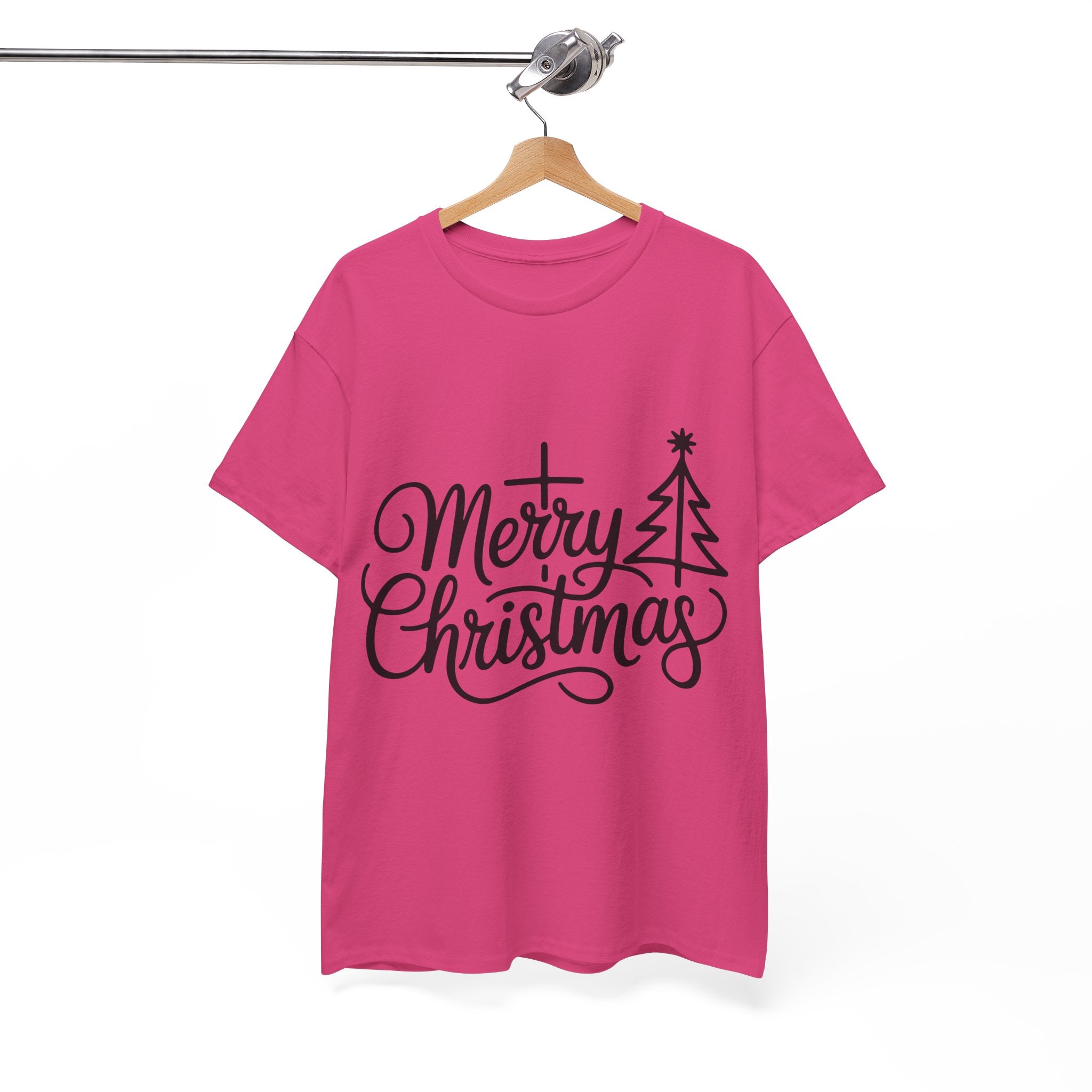 Merry Christmas Script T-Shirt with Cross & Tree(Unisex Cotton Tee)