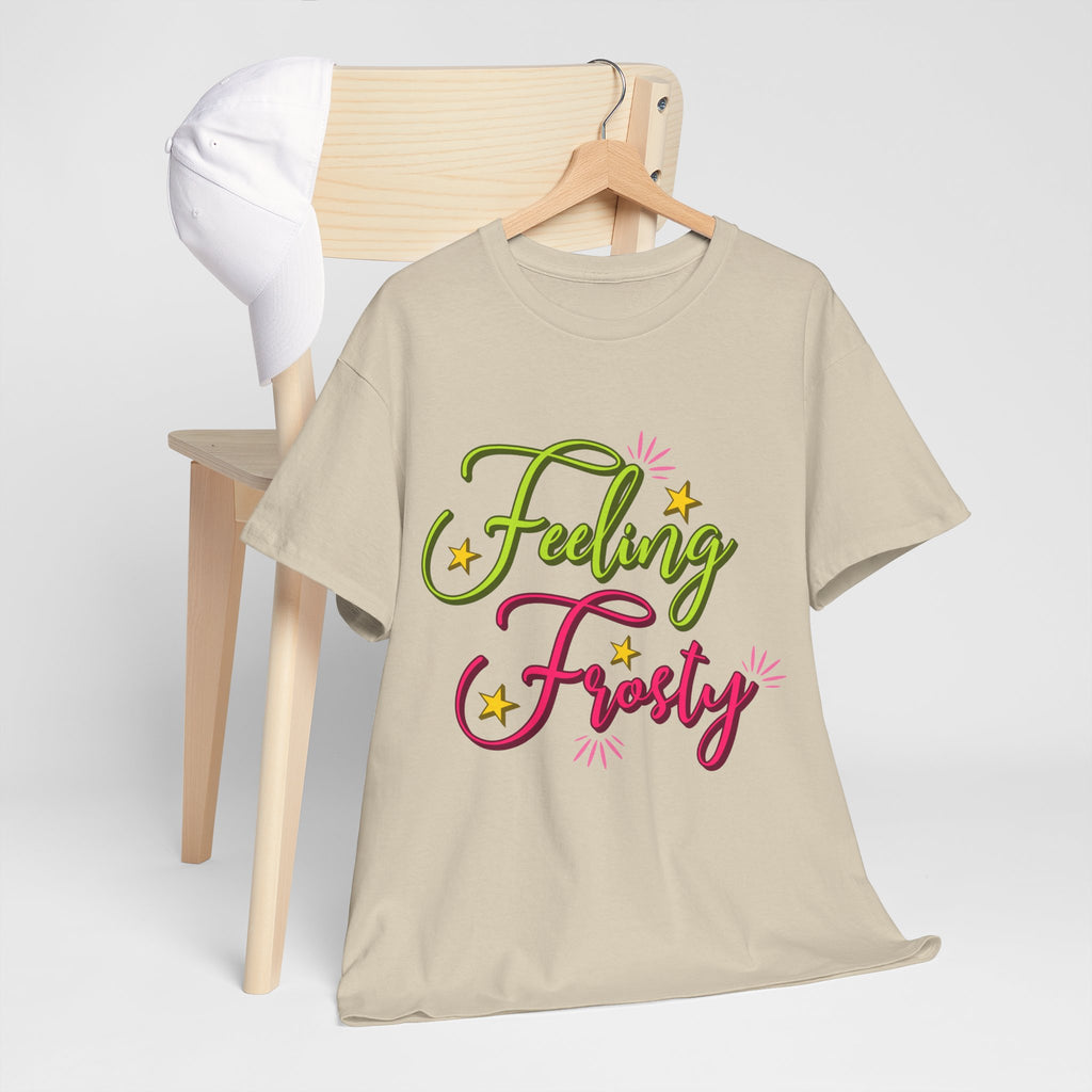 Feeling Frosty Holiday T-Shirt — Green & Pink Script Stars.Unisex Cotton Tee