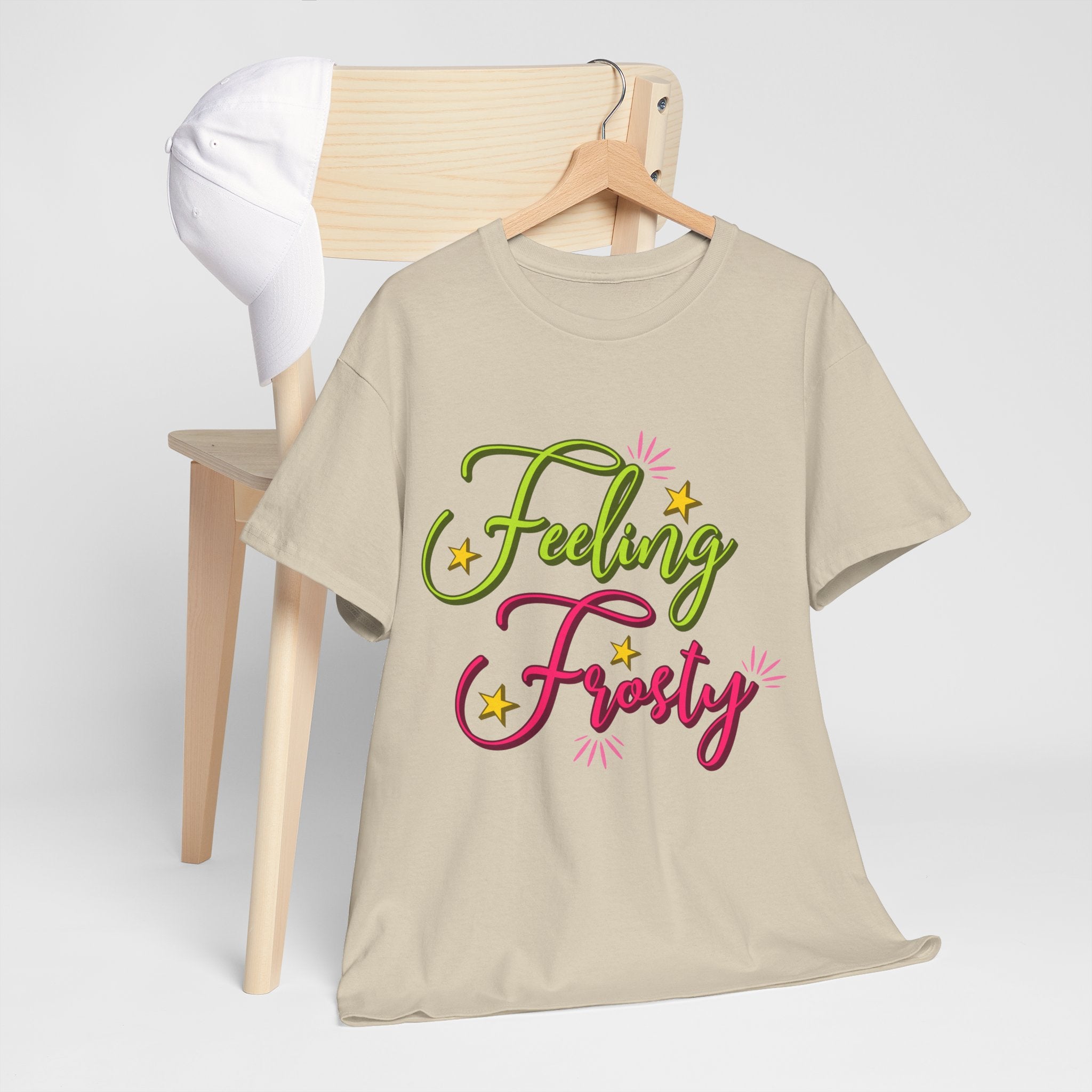 Feeling Frosty Holiday T-Shirt — Green & Pink Script Stars.Unisex Cotton Tee