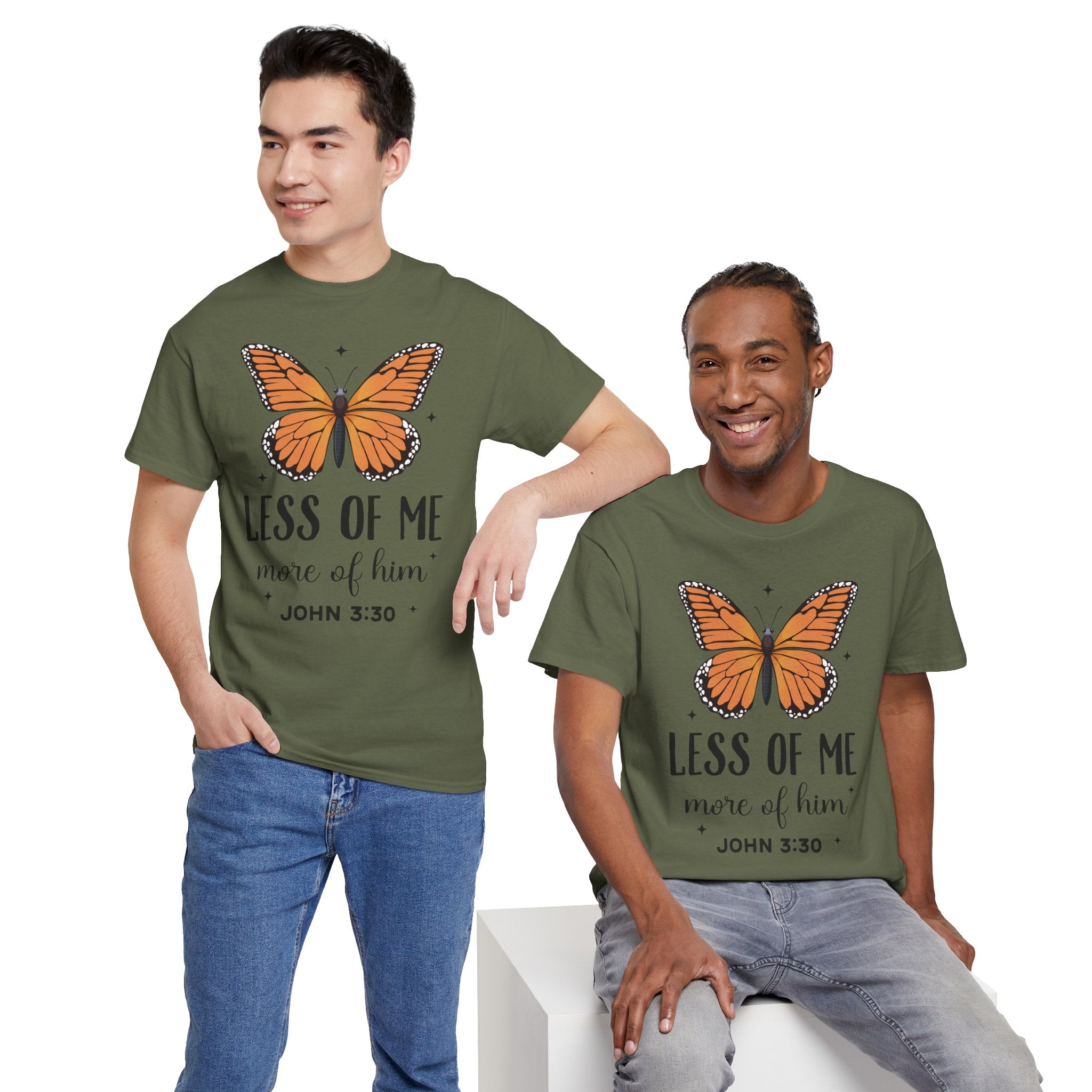 Monarch Butterfly Tee — "Less of Me, More of Him" Christian Unisex cotton T‑Shirt