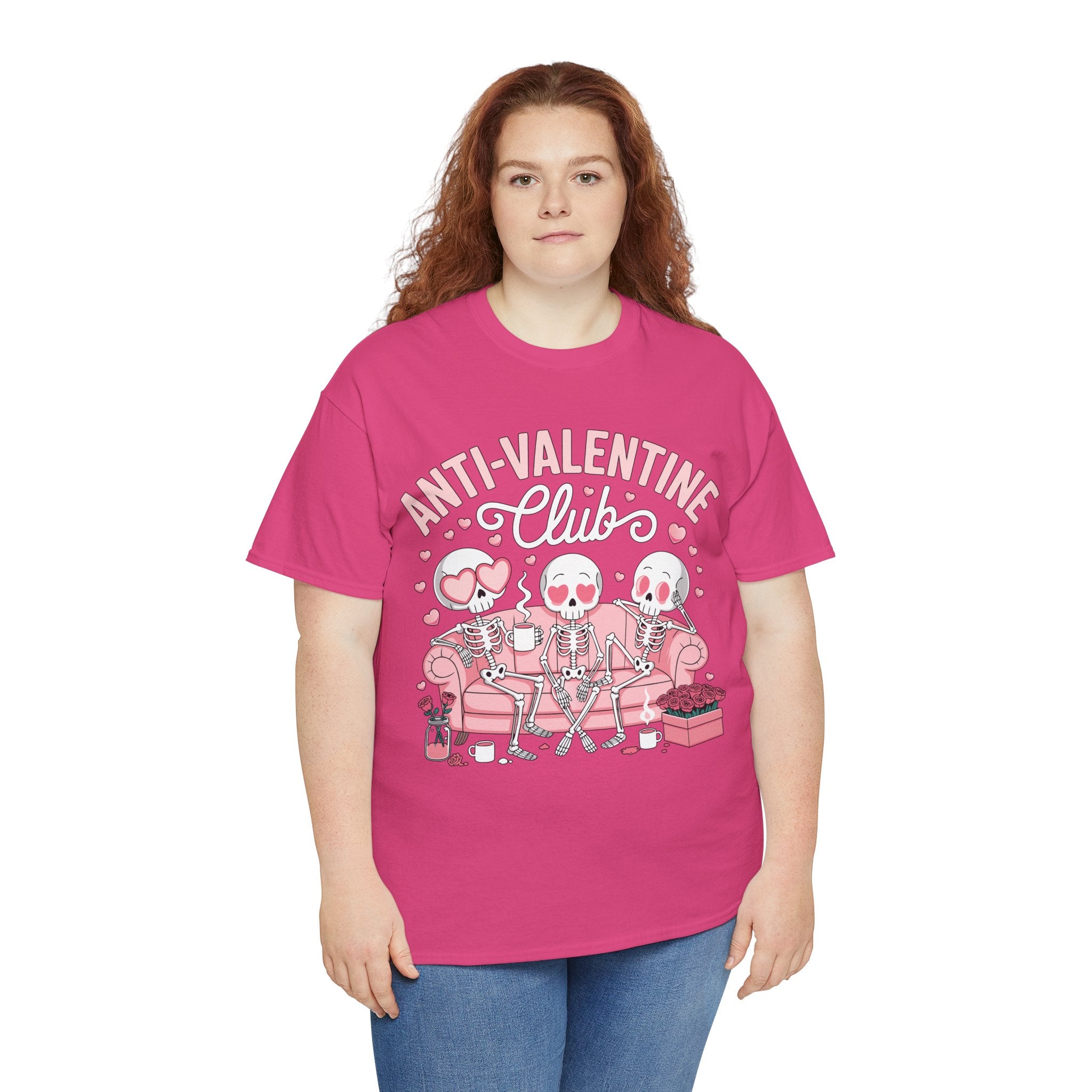 Anti-Valentine Club Skeleton Tee — Anti-Romance Pink Couch Graphic Unisex Cotton T-Shirt