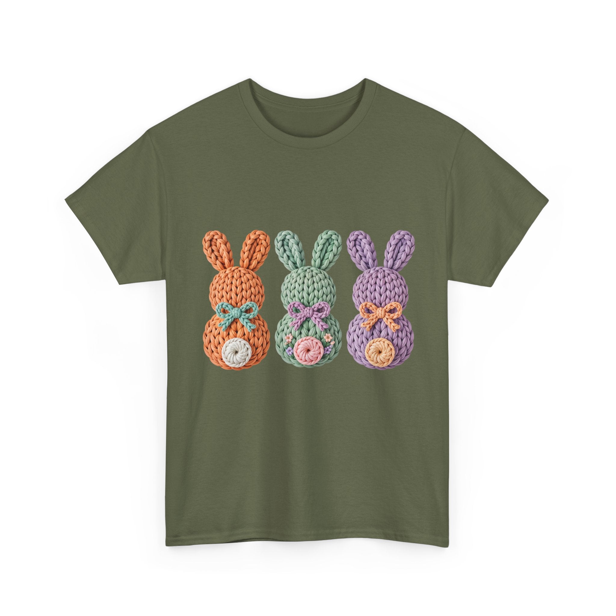 Pastel Crochet Bunny Tee — Trio of Faux Knit Bunnies with Bows & Flowers Unisex Cotton Tee