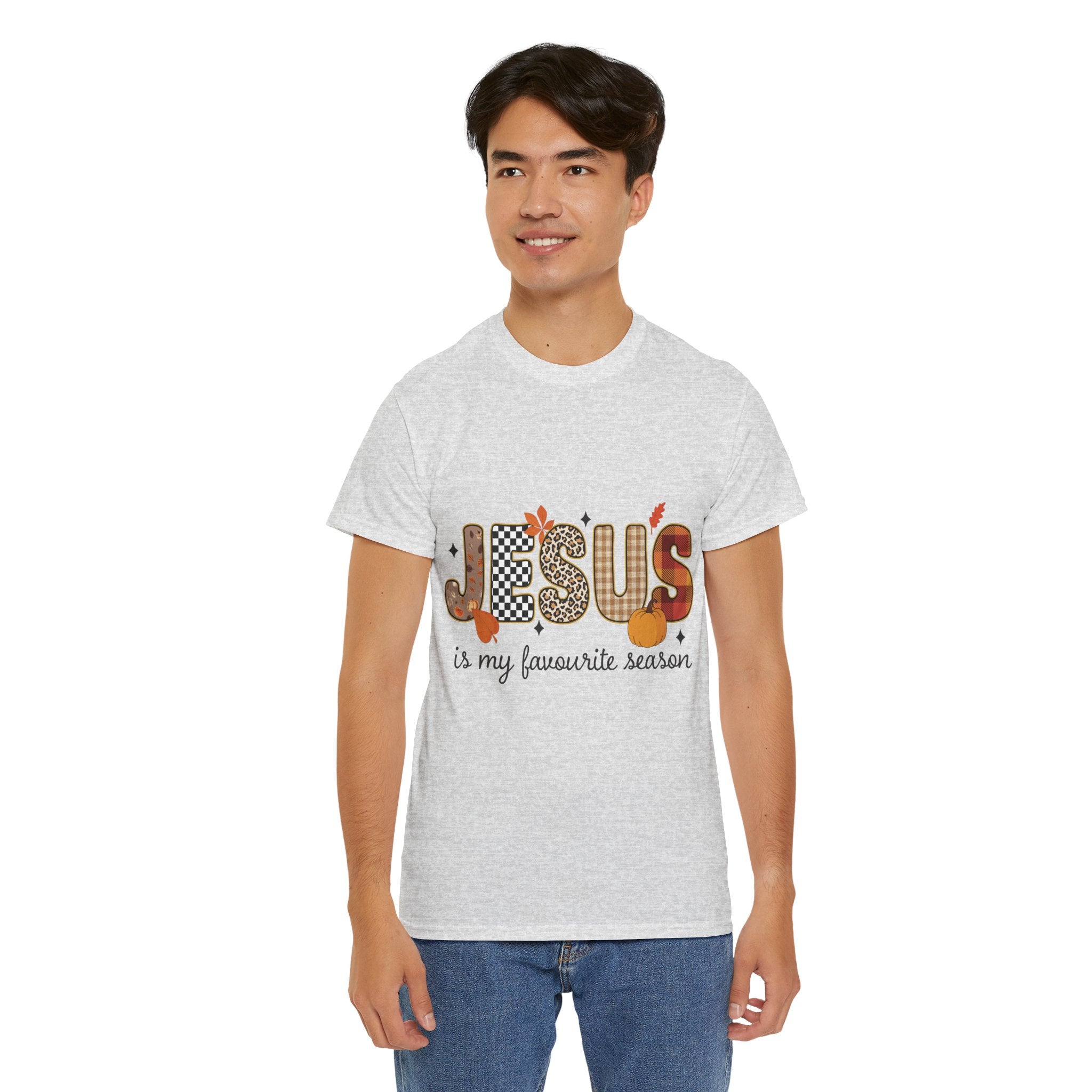 Jesus Is My Favorite Season Tee — Autumn Plaid & Leopard Lettering Unisex Cotton Tee
