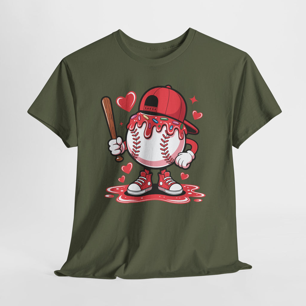 Cute Baseball Character T-Shirt — Red Cap & Icing Top Graphic with Hearts Unisex Cotton Tee