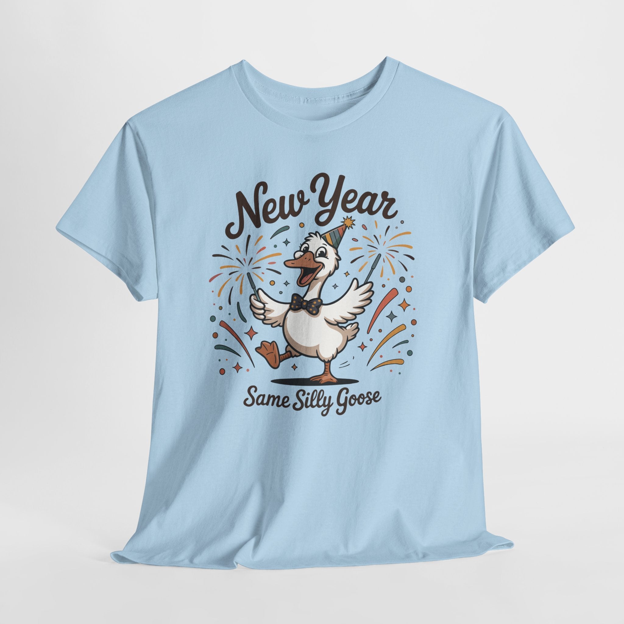 Happy Goose New Year T-Shirt — Party Hat, Fireworks & Confetti Unisex Cotton Tee