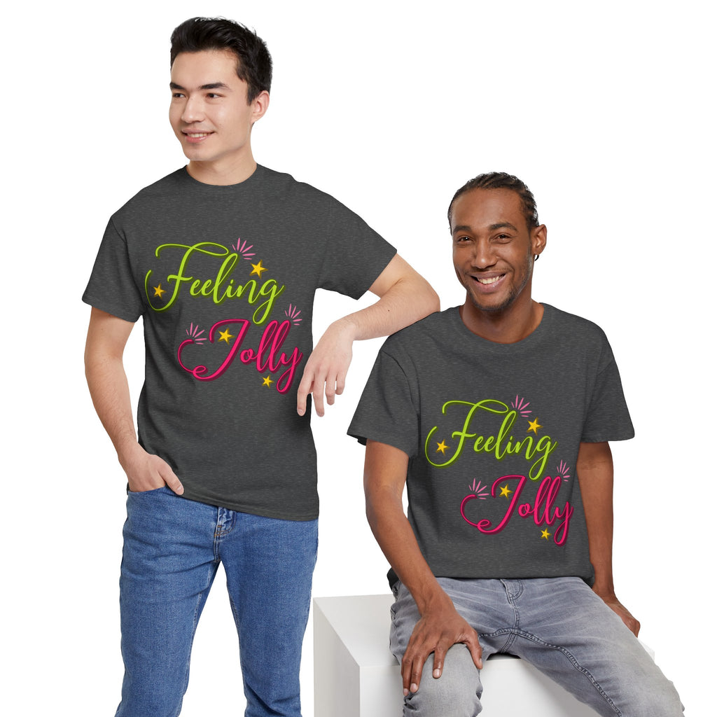 Feeling Jolly Tee — Festive Green & Pink Script with Yellow Stars Unisex Cotton Tee
