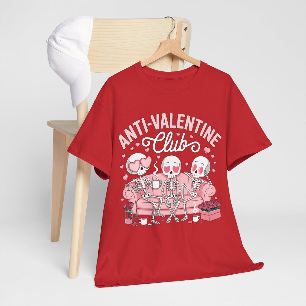 Anti-Valentine Club Skeleton Tee — Anti-Romance Pink Couch Graphic Unisex Cotton T-Shirt