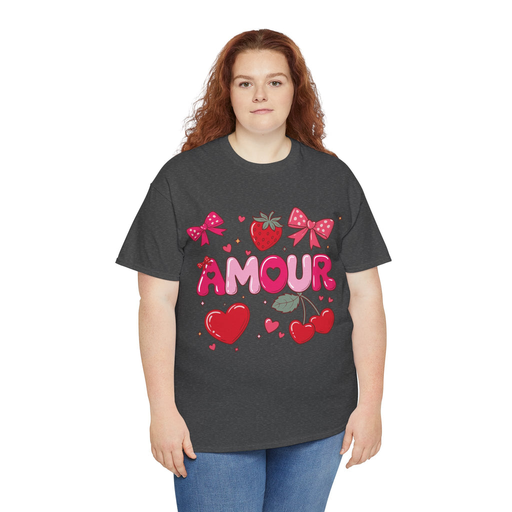 Amour Pink Hearts Tee — Shiny Lettering with Bows, Cherries & Strawberry Accent...Unisex Cotton Tee