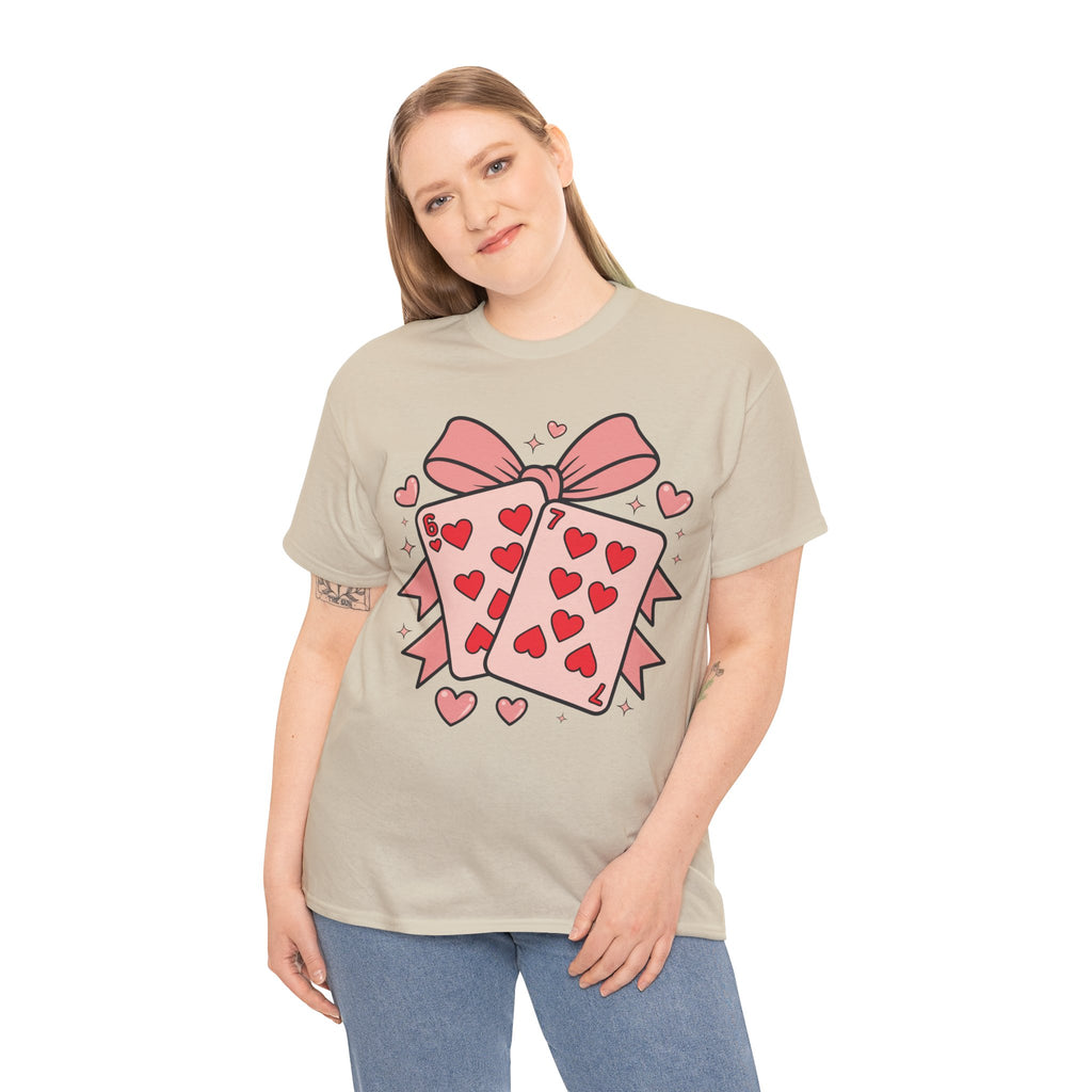 6 & 7 of Hearts T-Shirt — Paired Playing Cards with Pink Bow Unisex Cotton Tee