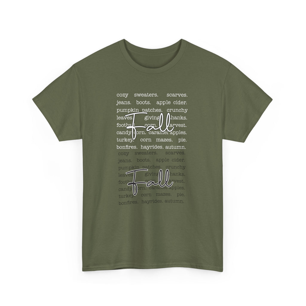 Fall Cursive Typography T-Shirt — Sweaters, Cider & Pumpkins. Unisex Cotton Tee