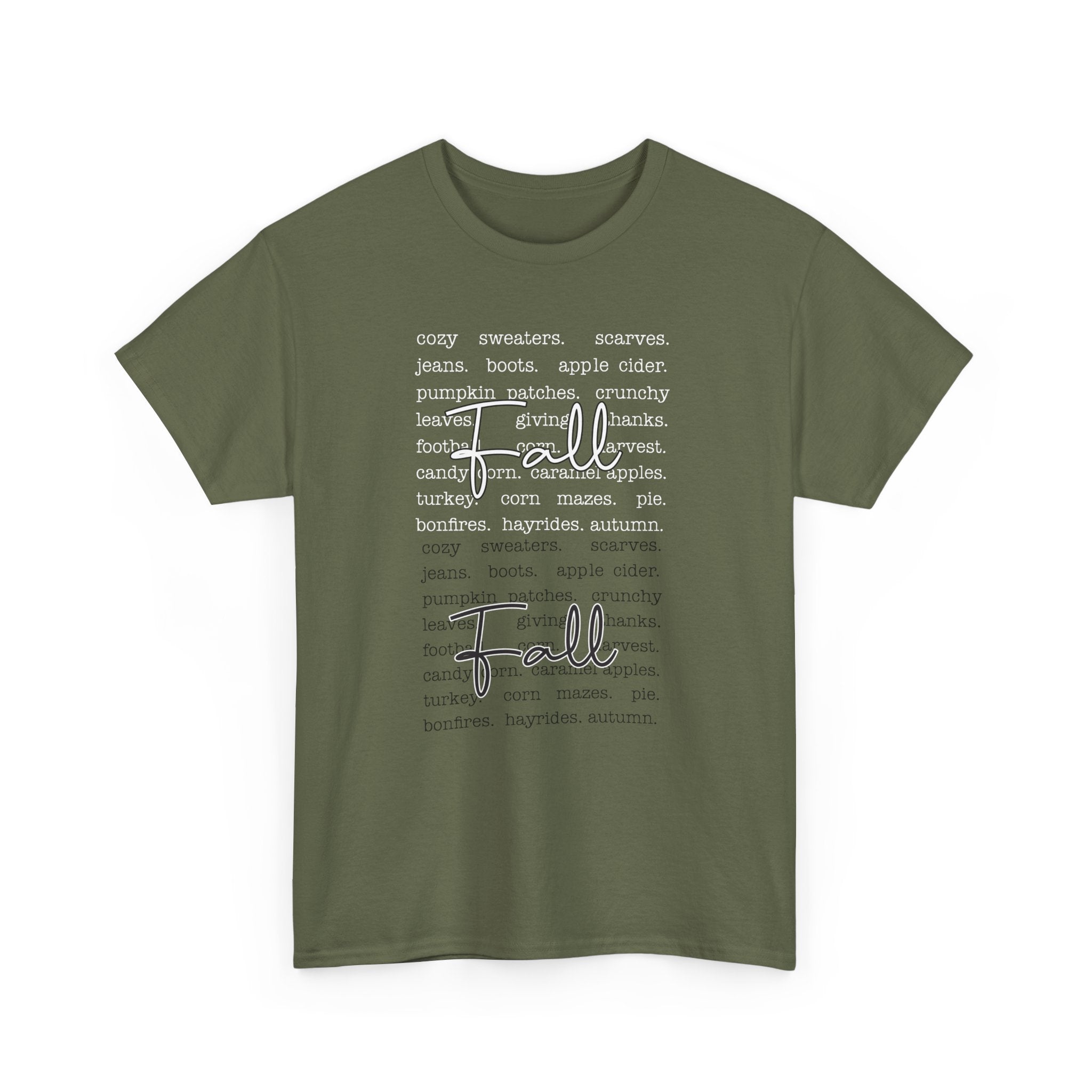 Fall Cursive Typography T-Shirt — Sweaters, Cider & Pumpkins. Unisex Cotton Tee