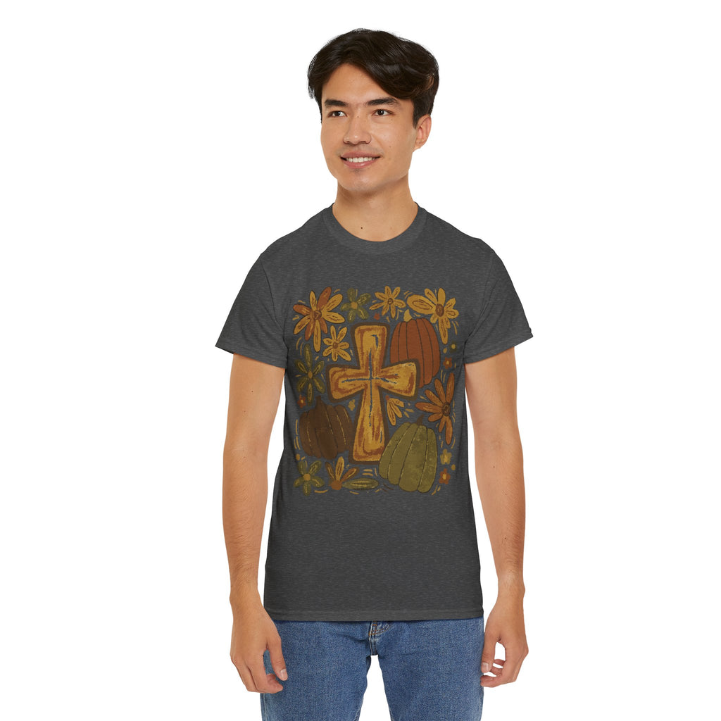 Autumn Cross Tee — Rustic Pumpkin & Fall Floral Christian Unisaex Cotton T-Shirt