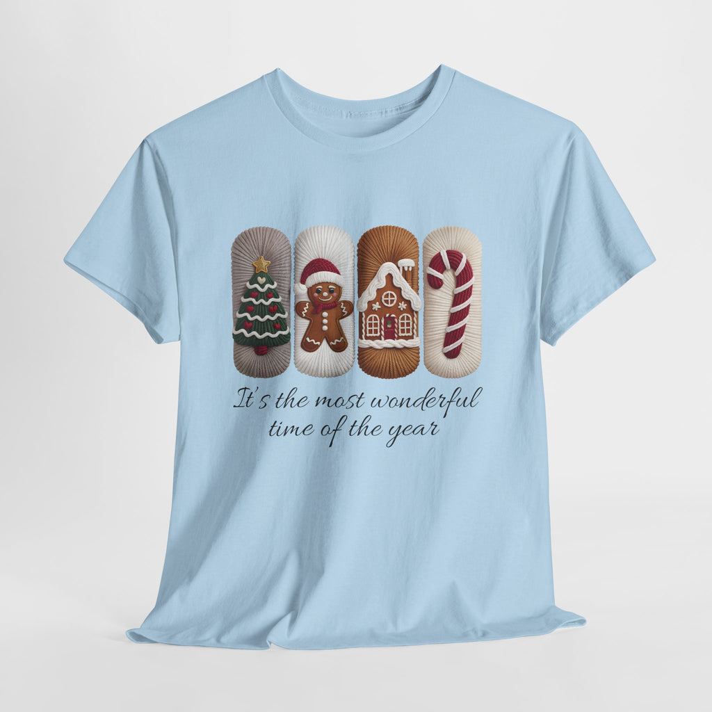 Christmas Faux-Yarn Tree Tee — Gingerbread House & Candy Cane Holiday Unisex Cotton T-Shirt