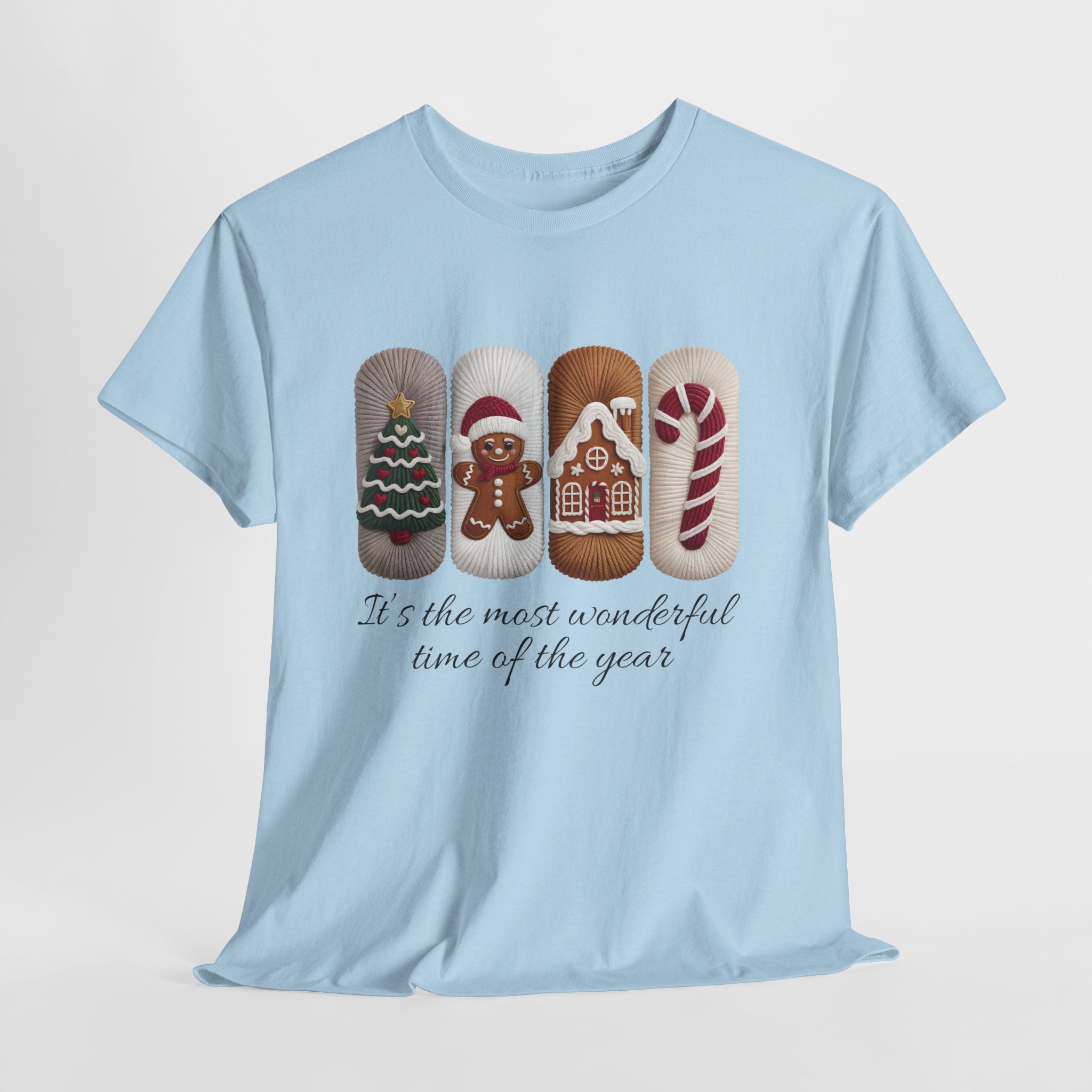 Christmas Faux-Yarn Tree Tee — Gingerbread House & Candy Cane Holiday Unisex Cotton T-Shirt