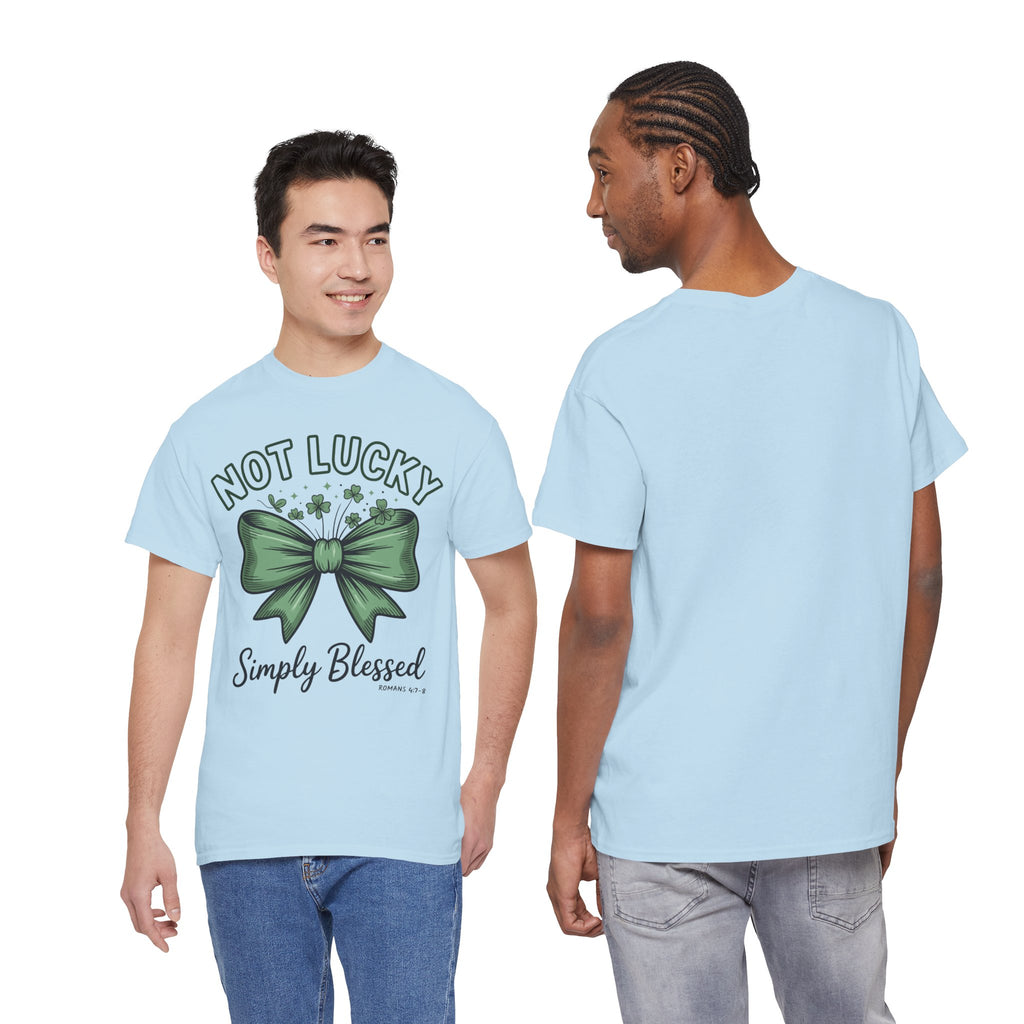 Not Lucky, Simply Blessed T-Shirt — Green Bow & Clovers St. Patrick’s Unisex Cotton Tee