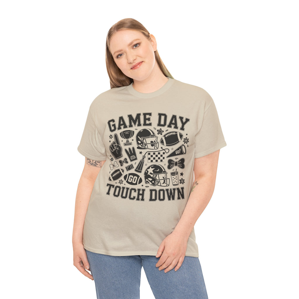 Game Day Touch Down Football T‑Shirt — Helmet & Cheer Monochrome Design Unisex Cotton Tee