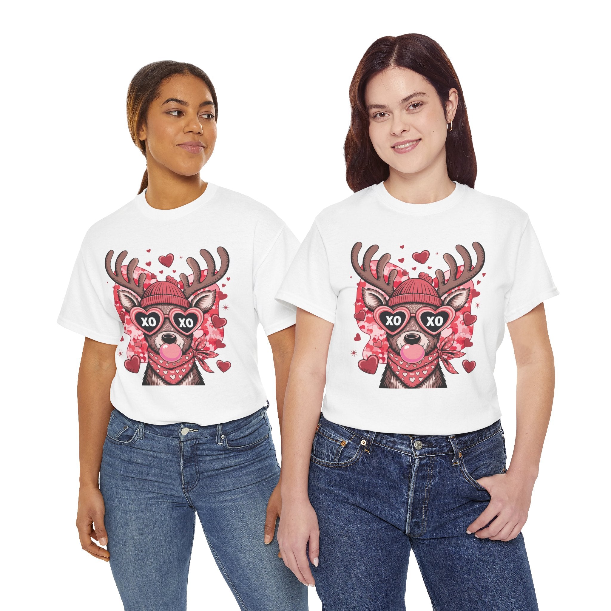 Valentine Deer Tee — Cute XO Heart Glasses, Beanie & Scarf Unisex Cotton Tshirt