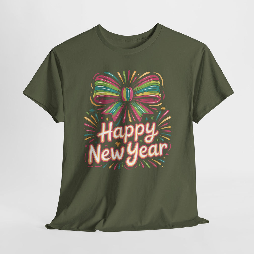 Happy New Year Pastel Tee — Rainbow Bow & Fireworks Celebration Unisex Cotton Tshirt