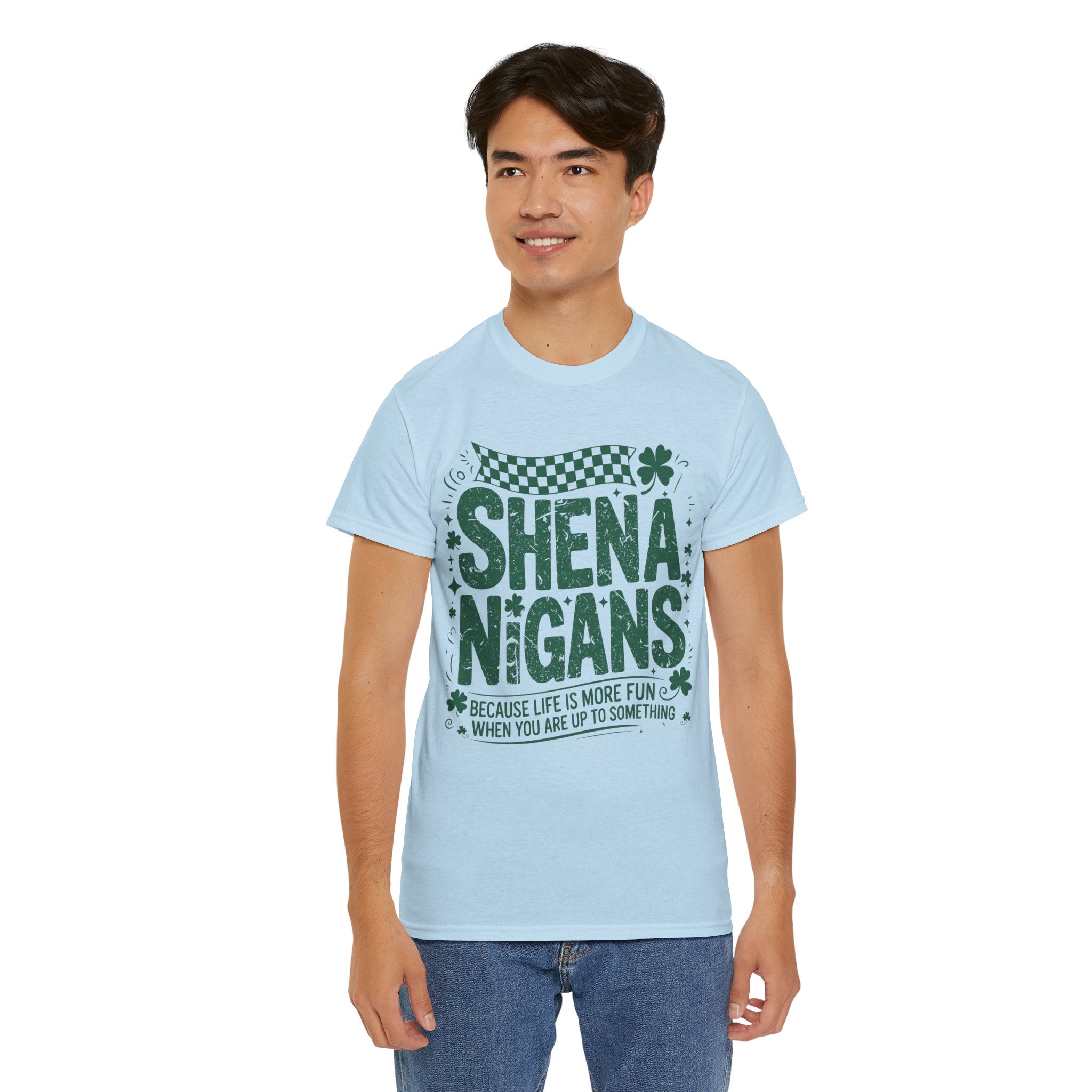Shenanigans Clover Tee — Bright Green St. Patrick’s Day Shirt with Checkered Flag Unisex Cotton Tee