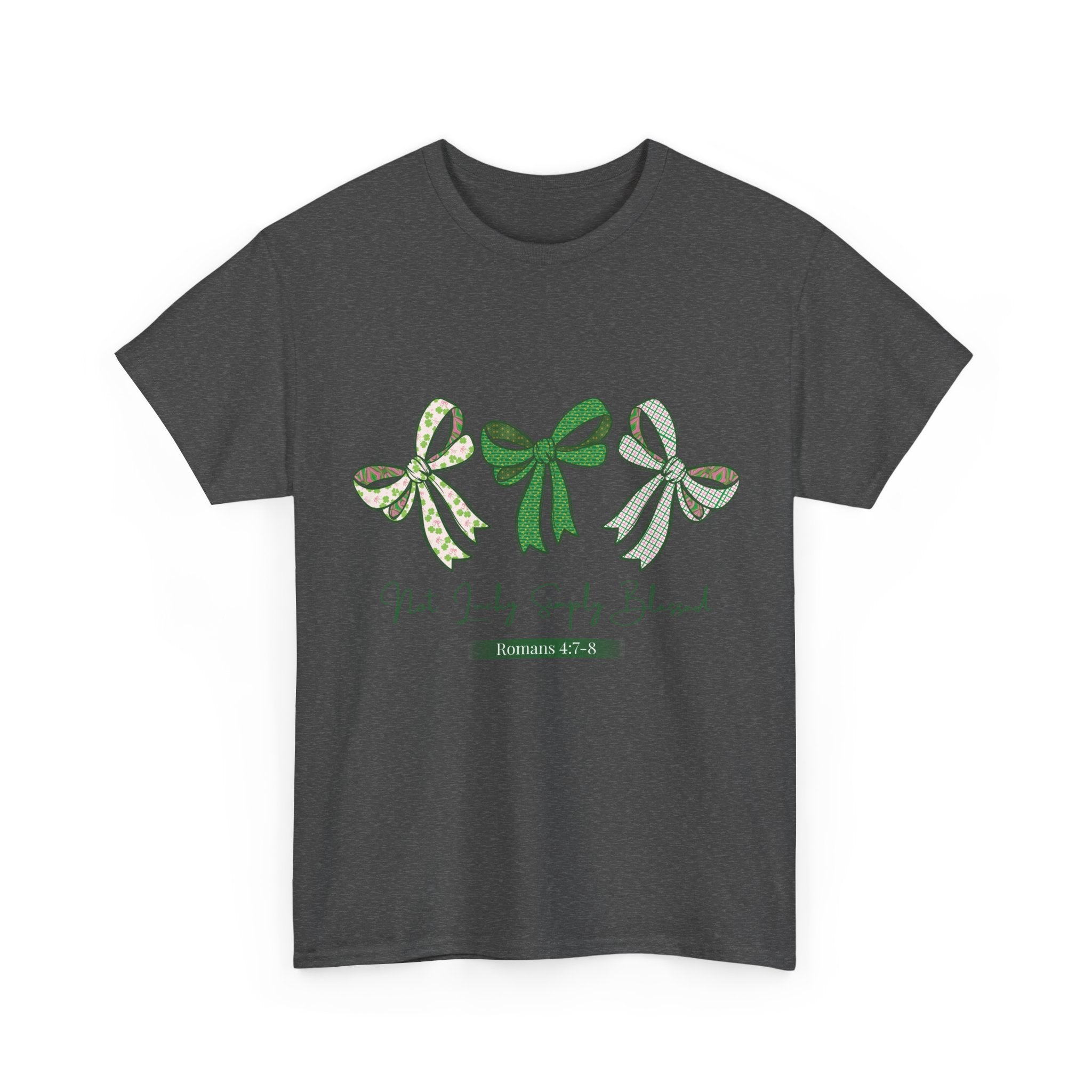 Not Lucky Simply Blessed Tee — Romans 4:7-8 Green Bow Christian Unisex Cotton T-Shirt