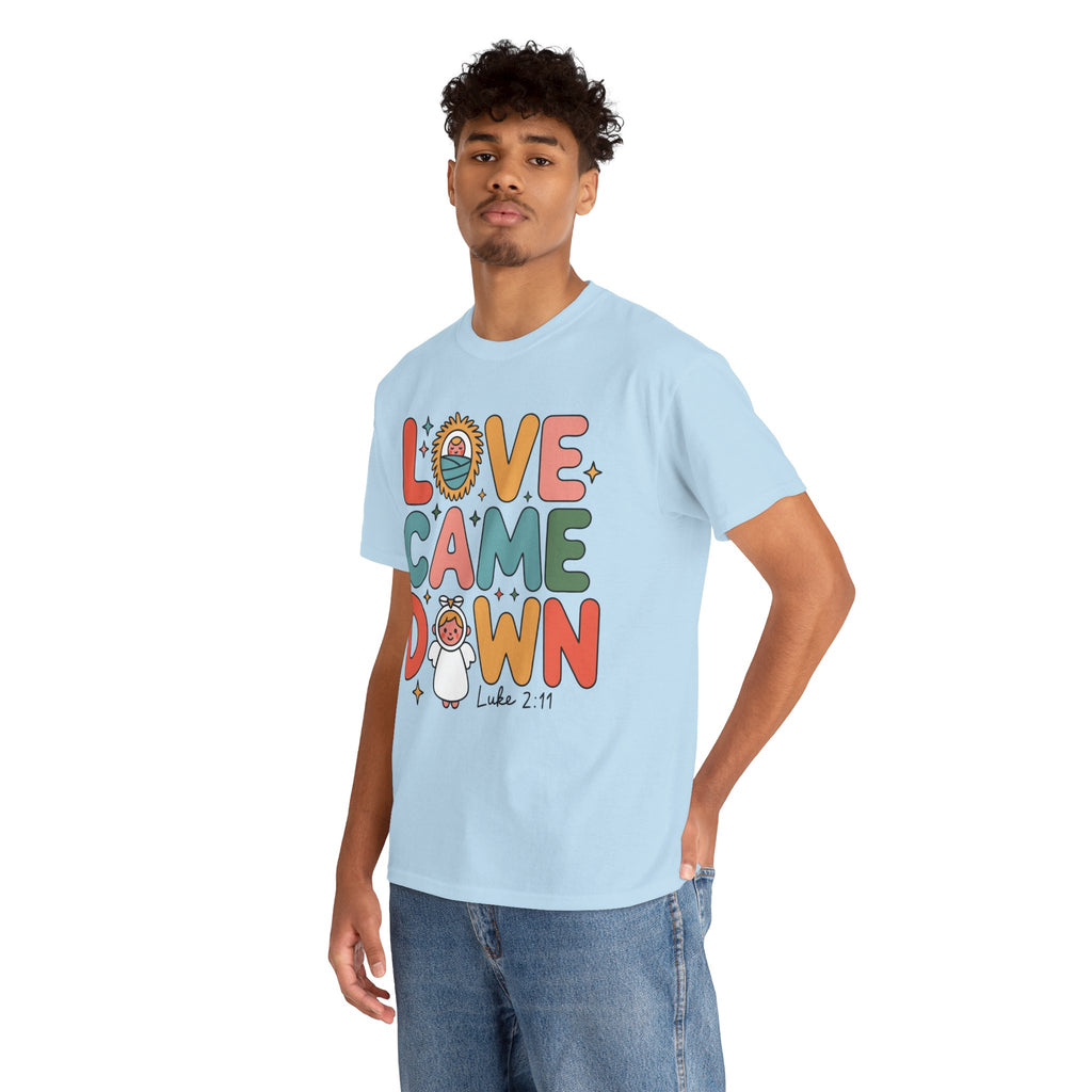 Love Came Down Christmas Tee — Baby Jesus Manger Angel (Luke 2:11)..Unisex Cotton Tee