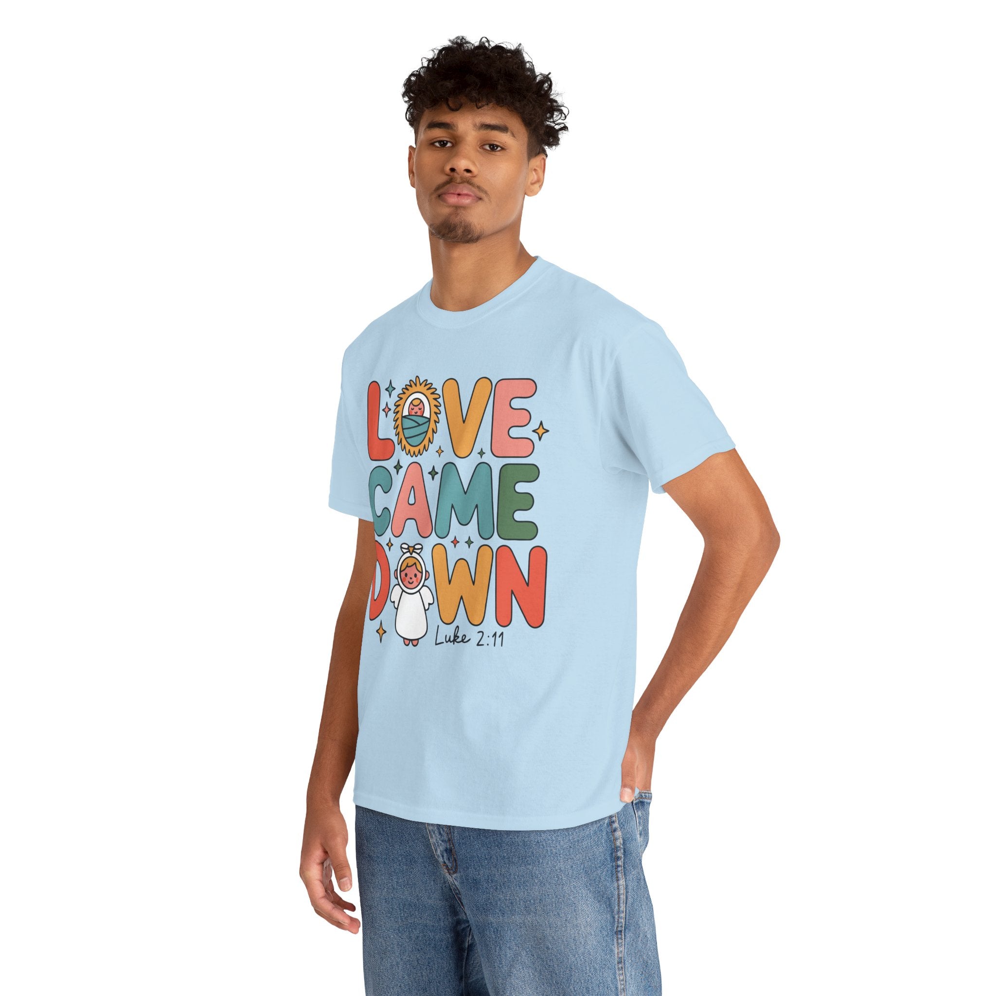 Love Came Down Christmas Tee — Baby Jesus Manger Angel (Luke 2:11)..Unisex Cotton Tee