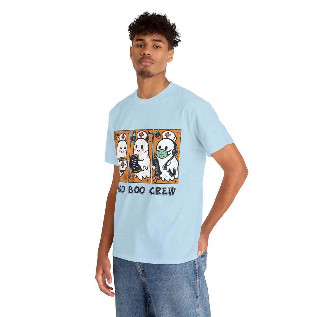 Halloween Nurse T-Shirt — Ghost Nurses Holding Medical Tools on Orange Unisec Cotton Tee
