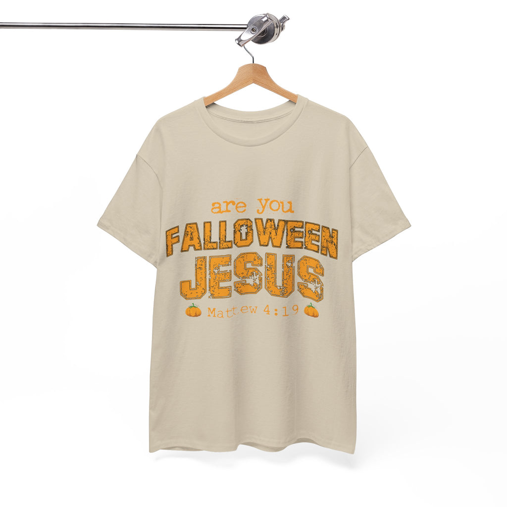 Christian Halloween T-Shirt — “Are You Falloween Jesus? Matthew 4:19” Distressed Pumpkin Design. Unisex Cotton Tee