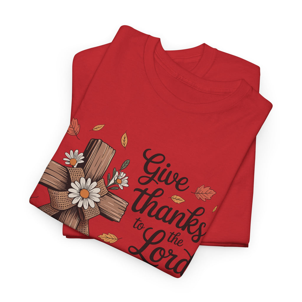 Give Thanks to the Lord Autumn Tee — Wooden Cross, Pumpkins & Daisies..Unisex Cotton Tee