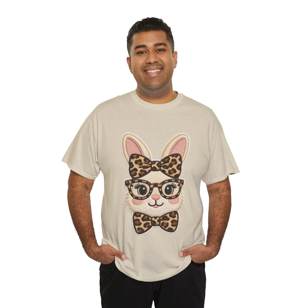 Leopard Bow Bunny Embroidered Tee — Cute Bunny Face with Glasses Patch Unisex Cotton Tee