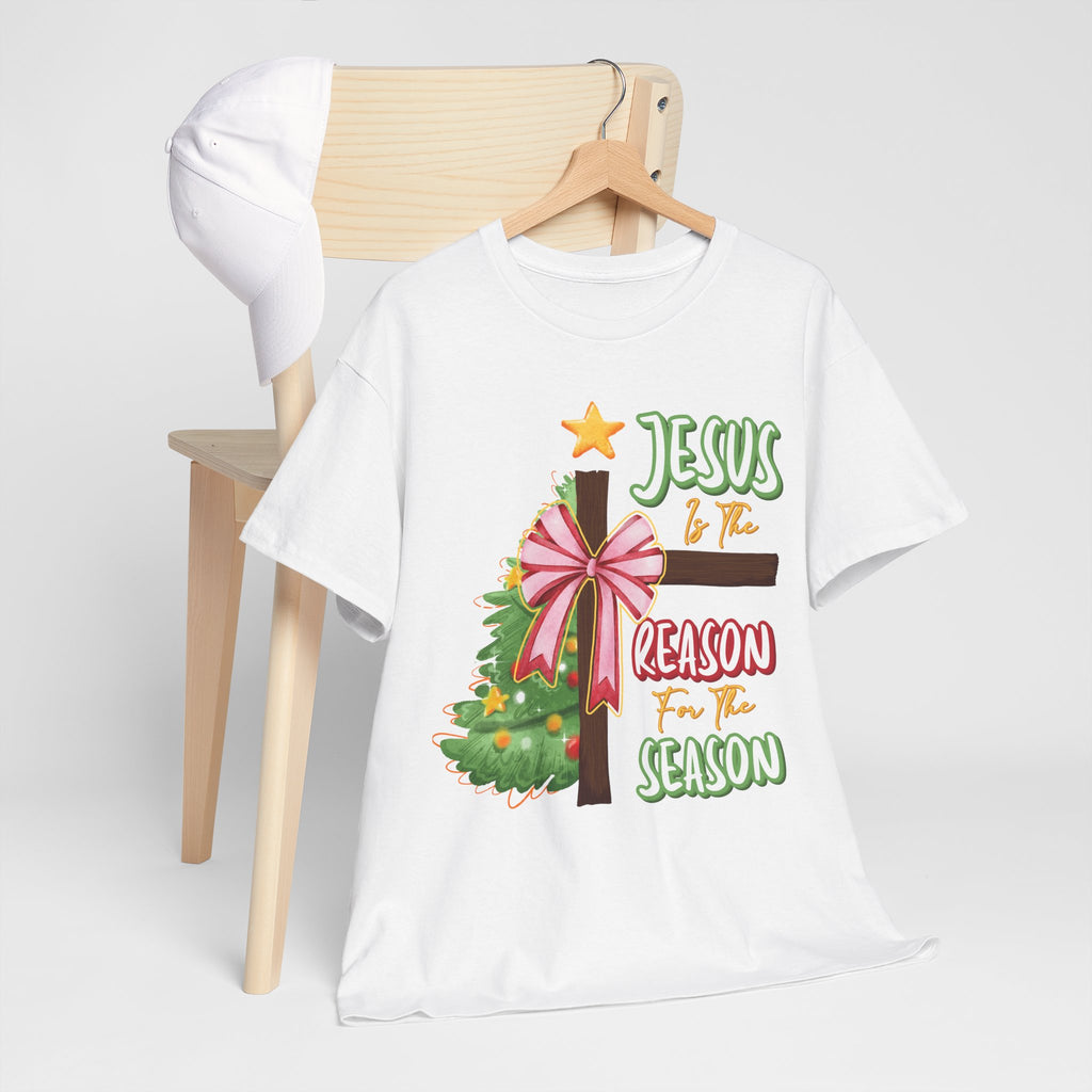 Jesus Is the Reason for the Season Christmas Tee — Cross with Pink Bow & Tree. Unisex Cotton Tee