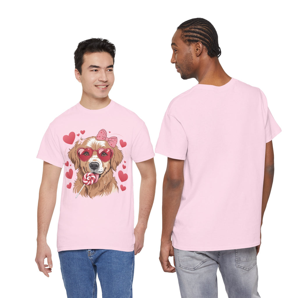 Valentine Dog T-Shirt — Cute Pup with Heart Glasses, Pink Bow & Lollipop..Unisex Cotton Tee